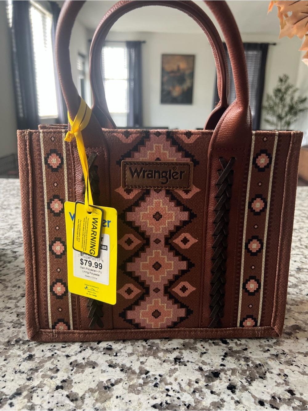 Wrangler Brown Geometric Pattern Tote with Pink Accents